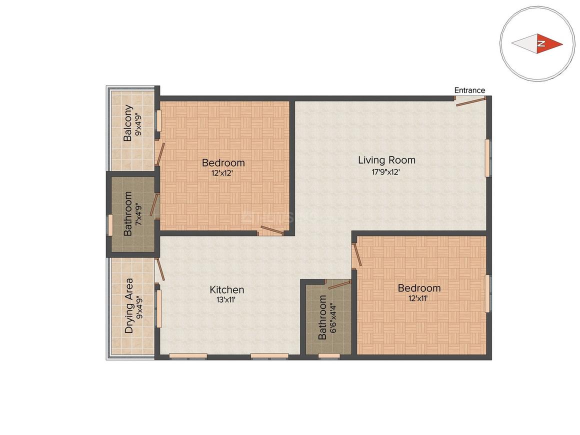 Floor Plan Floor Plan Image of 1280 Sq.ft 2 BHK Apartment for buy in Whitefield for 5200000