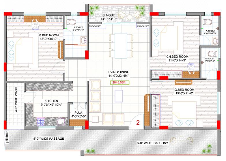 Floor Plan Floor Plan Image of 2000 Sq.ft 3 BHK Apartment for buy in Puppalaguda for 8900000