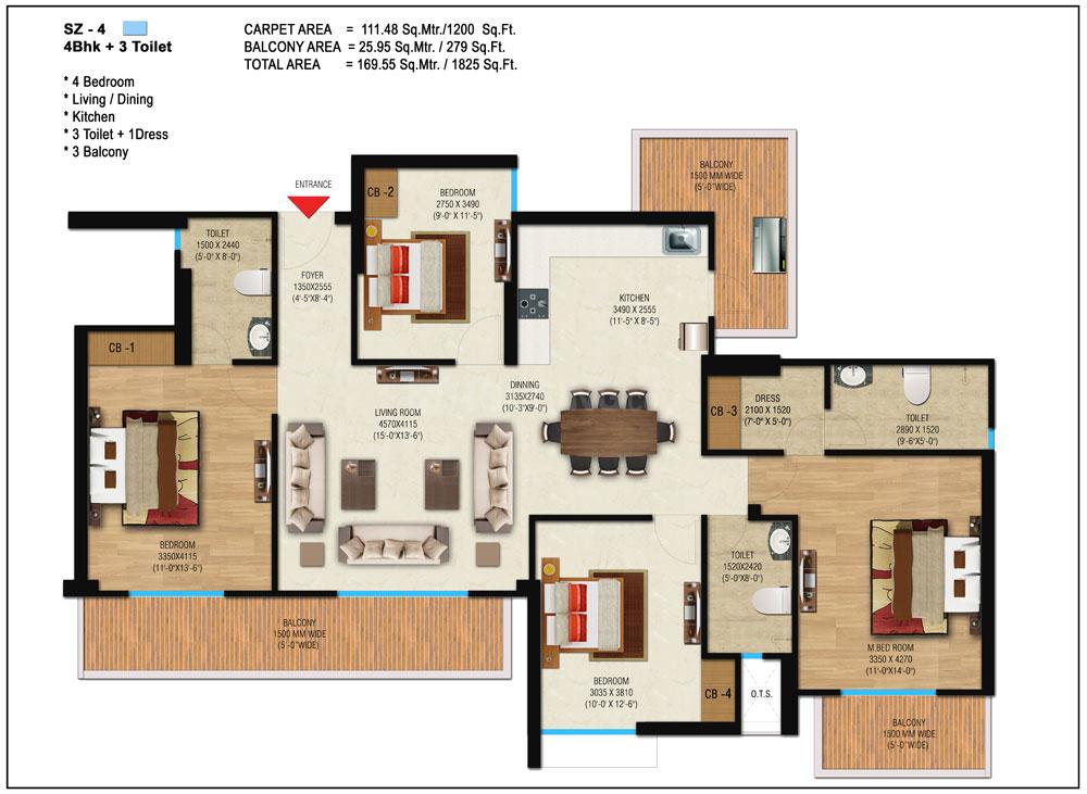 1825 Sqft 4 Bhk Apartment For In Saya Zion Noida Extension Bedroom Floor Plan